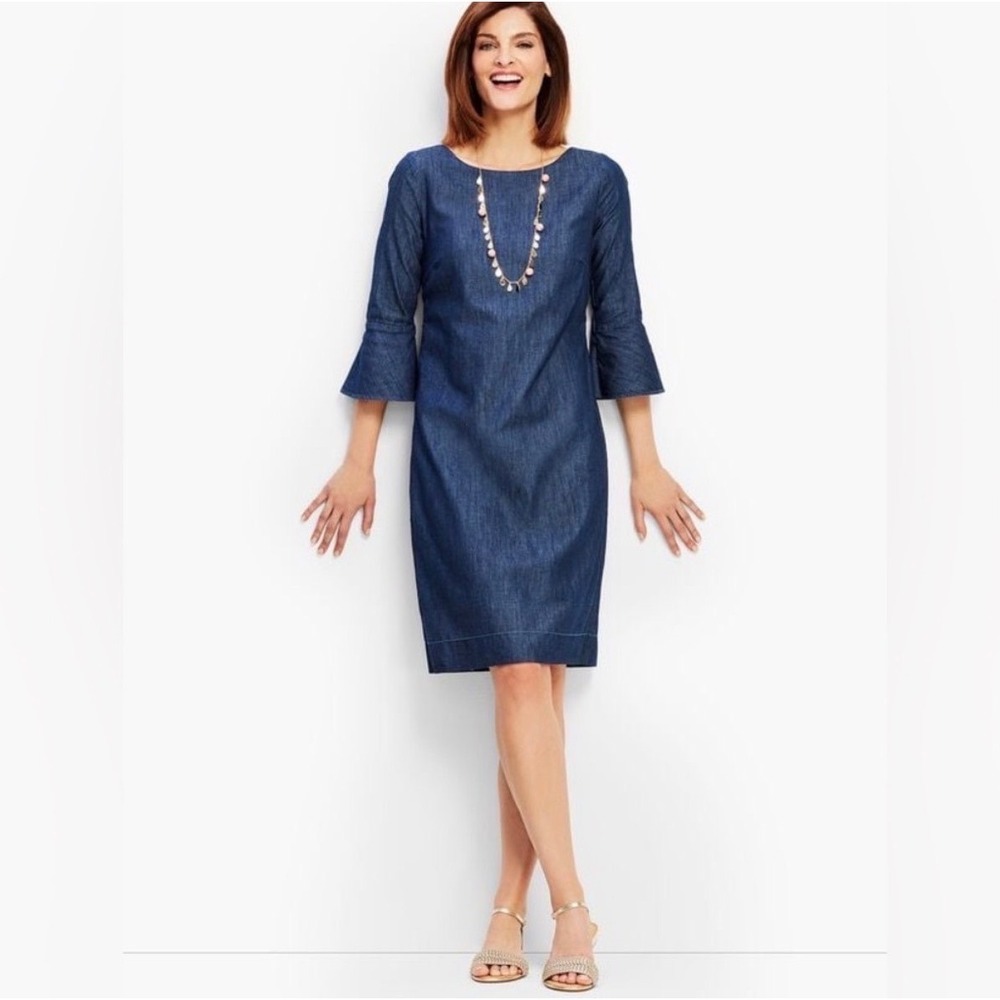 Talbots Petites Denim Shift Dress Indigo Blue Bell Sleeve 12P